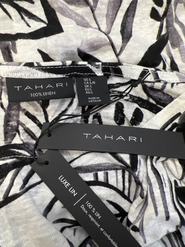 Tahari Women's Black/ivory Luxe Linen Leaf Print Short Cap Sleeve Shirt - L image 3
