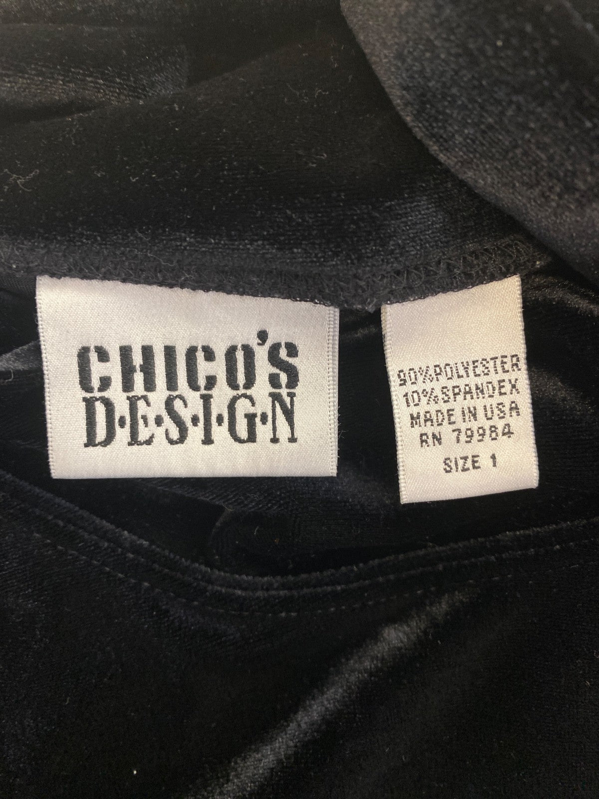 Chico’s Design Women’s Black Velour Mock Neck Long Sleeve Blouse - 1/US M