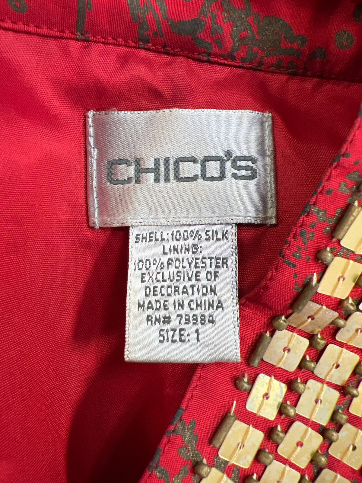 Chico’s Women’s Red/Gold Beaded Lightweight Blazer Jacket - 1/US M