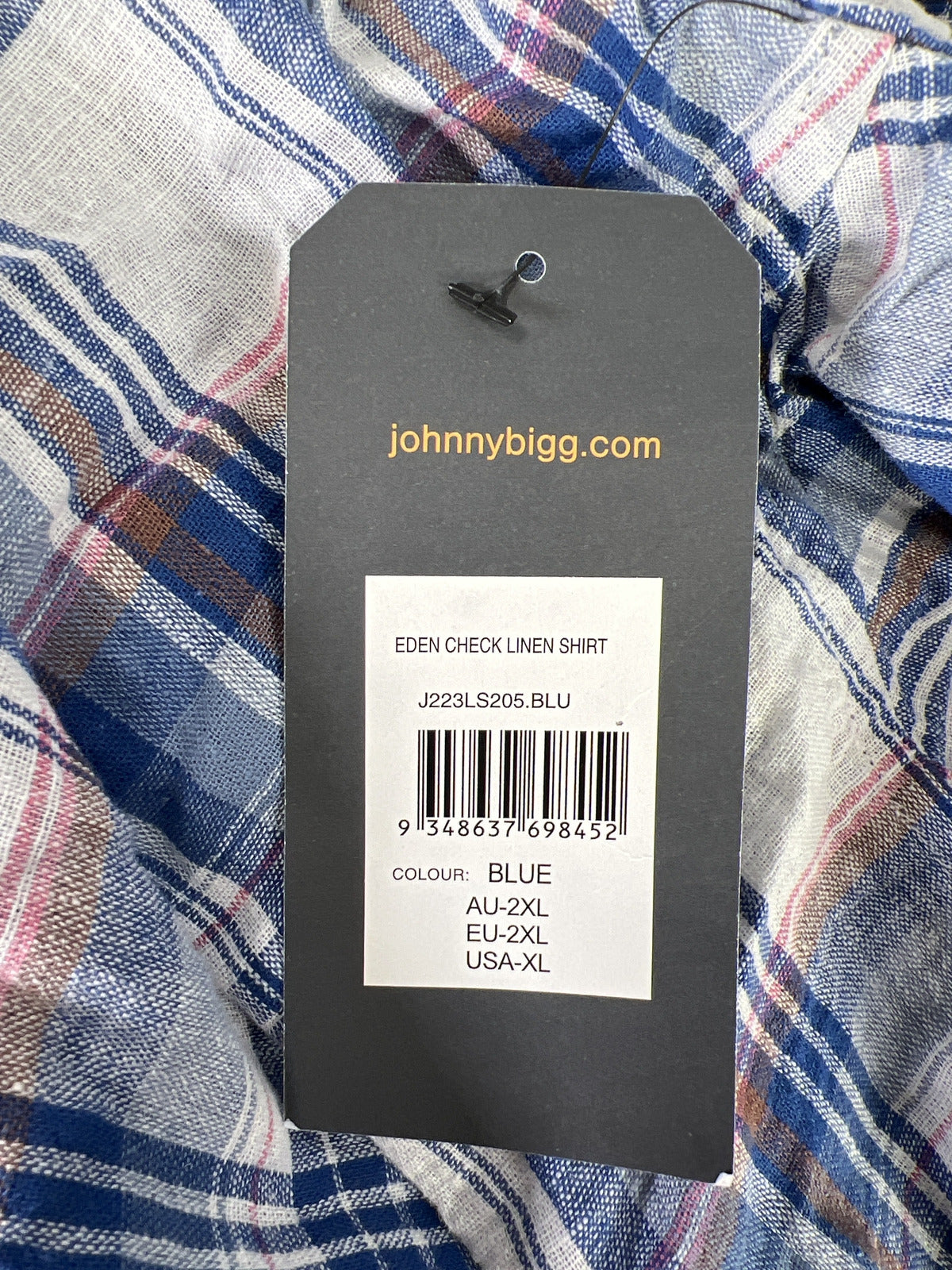 NEW Johnny Bigg Men’s Blue Eden Check Linen Long Sleeve Button Up Shirt - 2XL