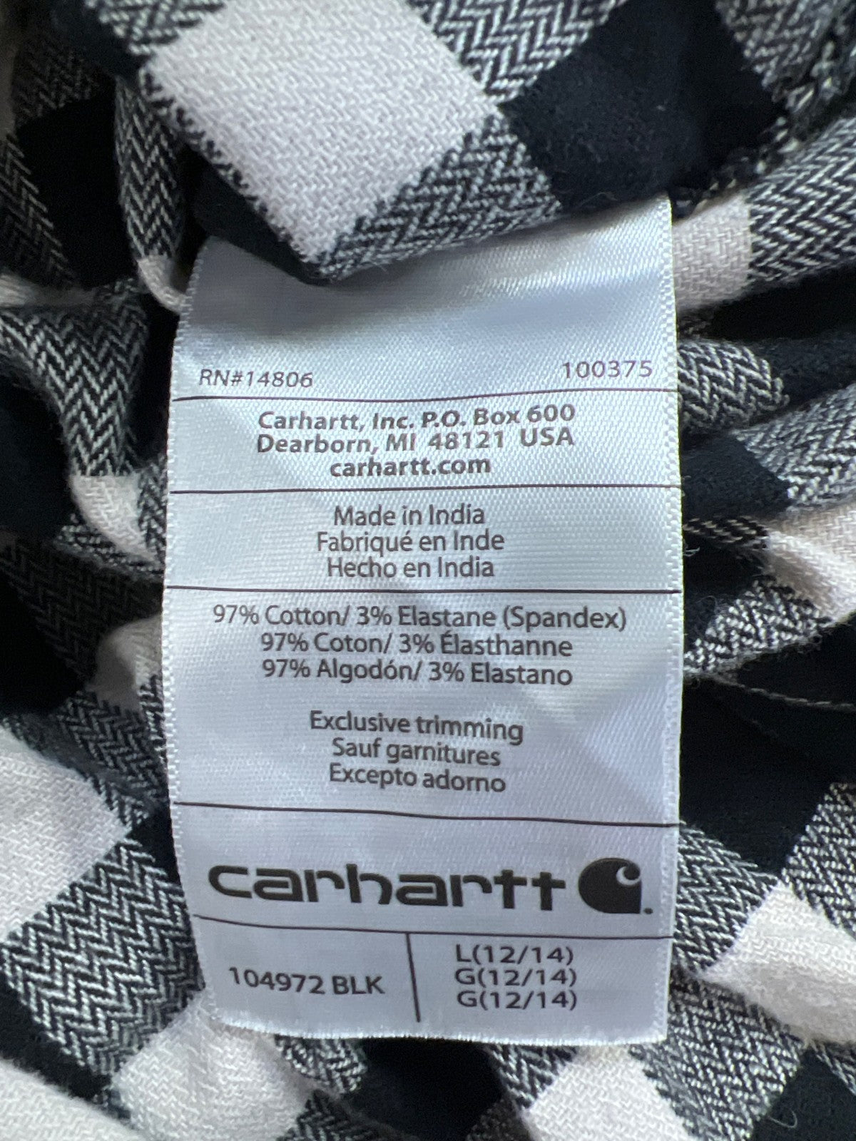 Carhartt Women’s White/Black Checkered Rugged Flex Midweight Flannel Shirt - L