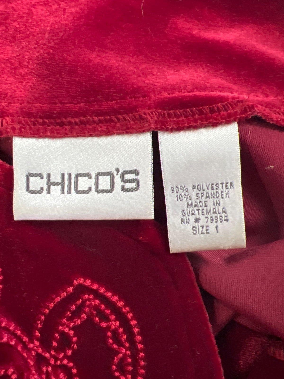 Chico’s Women’s Red Velour Embroidered Long Sleeve One Hook Jacket - 1/US M