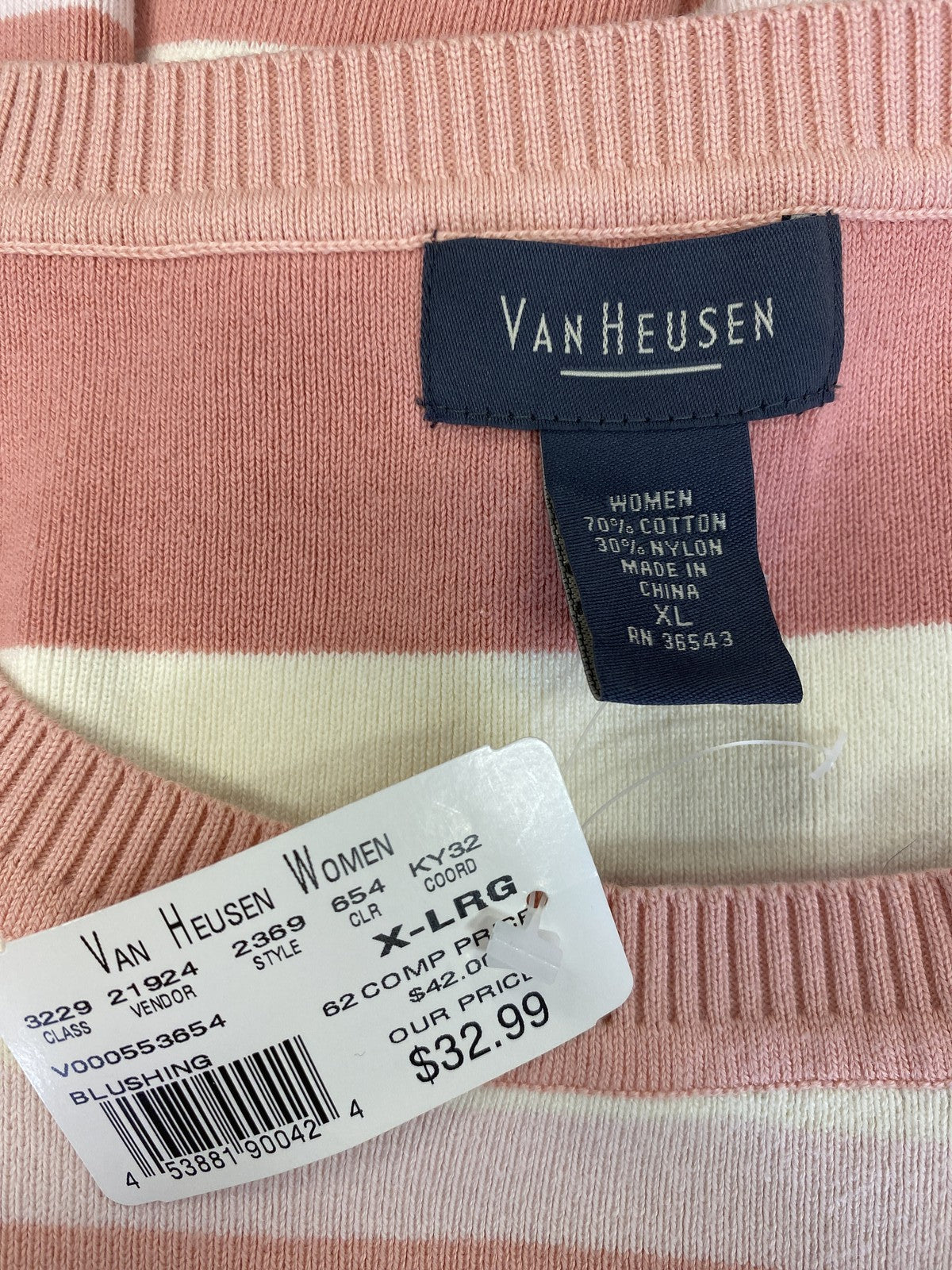 Van Heusen Women’s Pink/White Striped 3/4 Sleeve Sweater - XL
