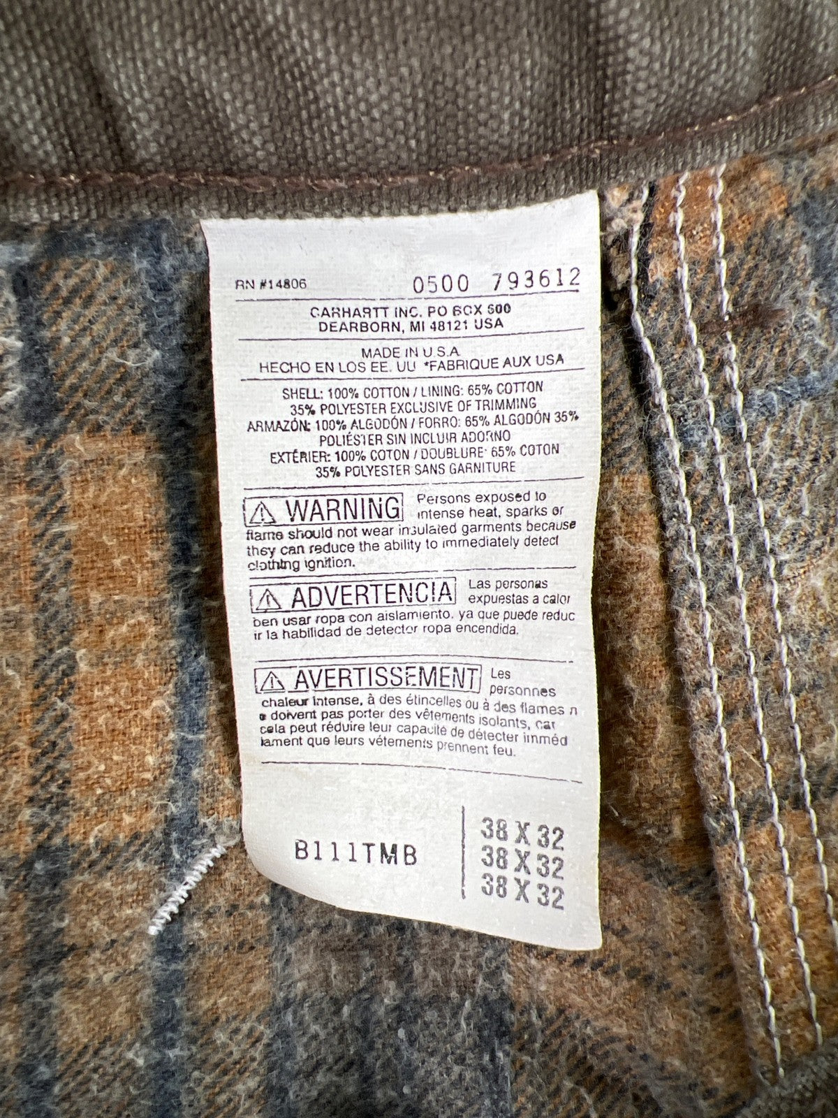 Carhartt Men’s Brown Fleece Lined Loose Fit Canvas Pants - 38x32