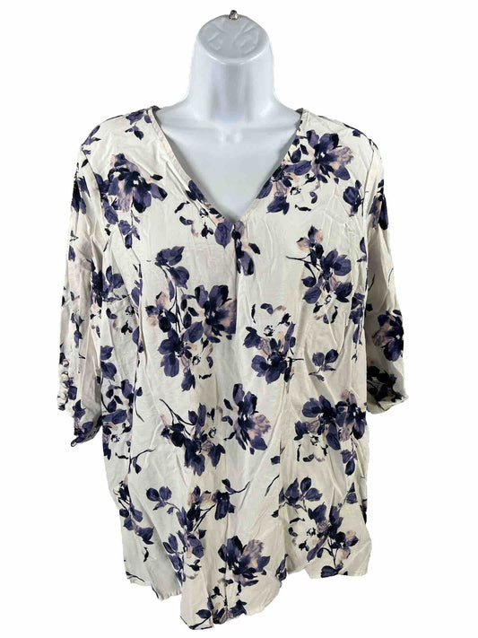 J.Jill Women's White/Purple Floral 3/4 Sleeve V-Neck Blouse - M Petite