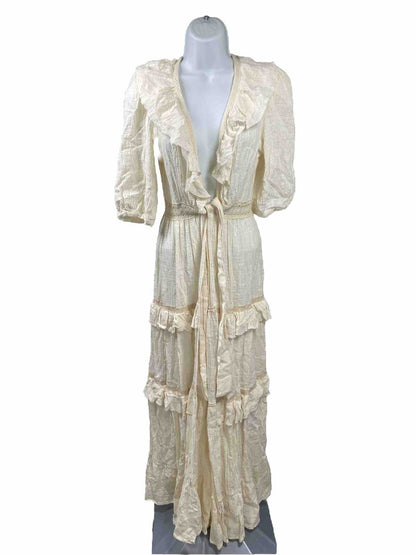 MABLE Women's Ivory Lace & Ruffle Accent Long Duster Sweater - S/M