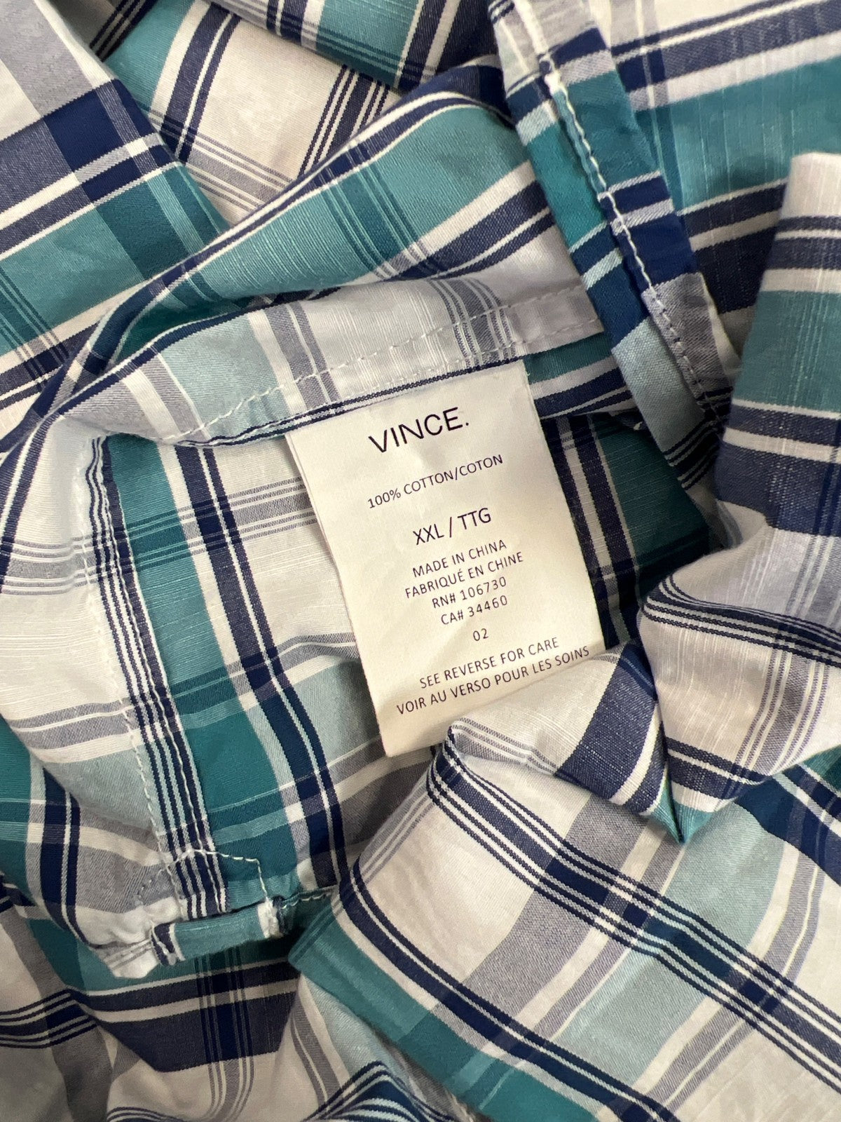 Vince Men’s White/Blue Plaid Long Sleeve Button Up Shirt - XXL