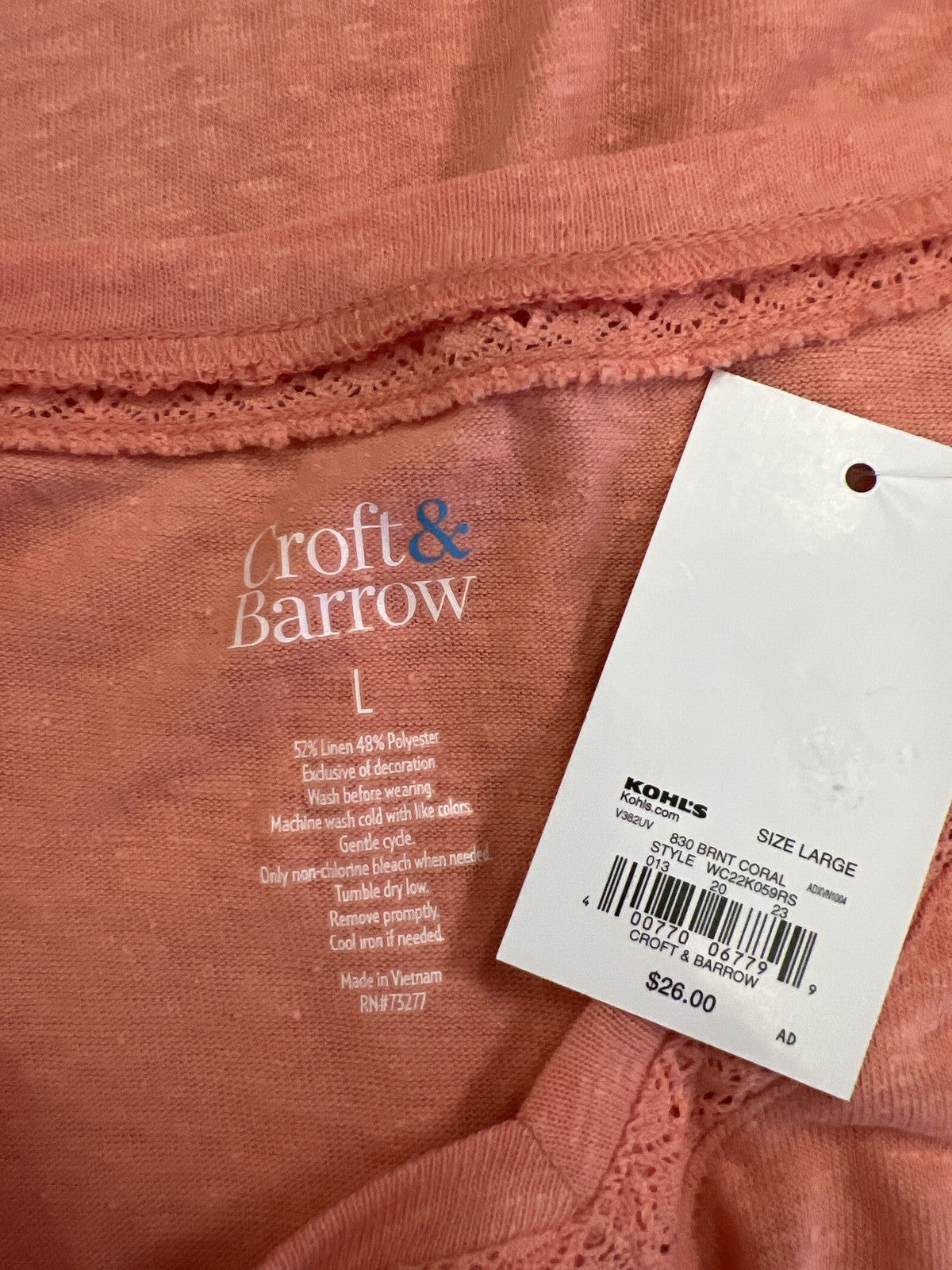 Croft and Barrow Women’s Pink/Coral Linen Cap Sleeve T-Shirt - L