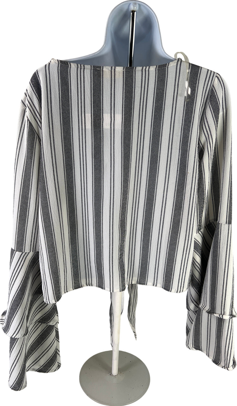 NEW Altar’d State Women’s White/Black Striped Bell Sleeve Tie Front Blouse - L