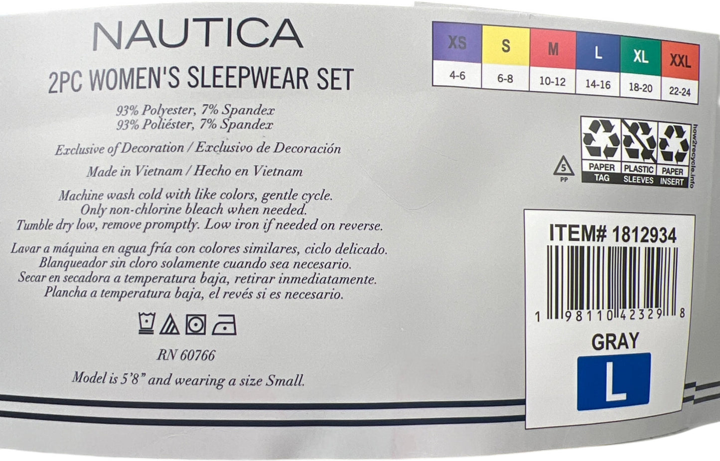 Nautica Women’s Gray 2 Piece Fleece Sleepwear Set Pants and Long Sleeve - L