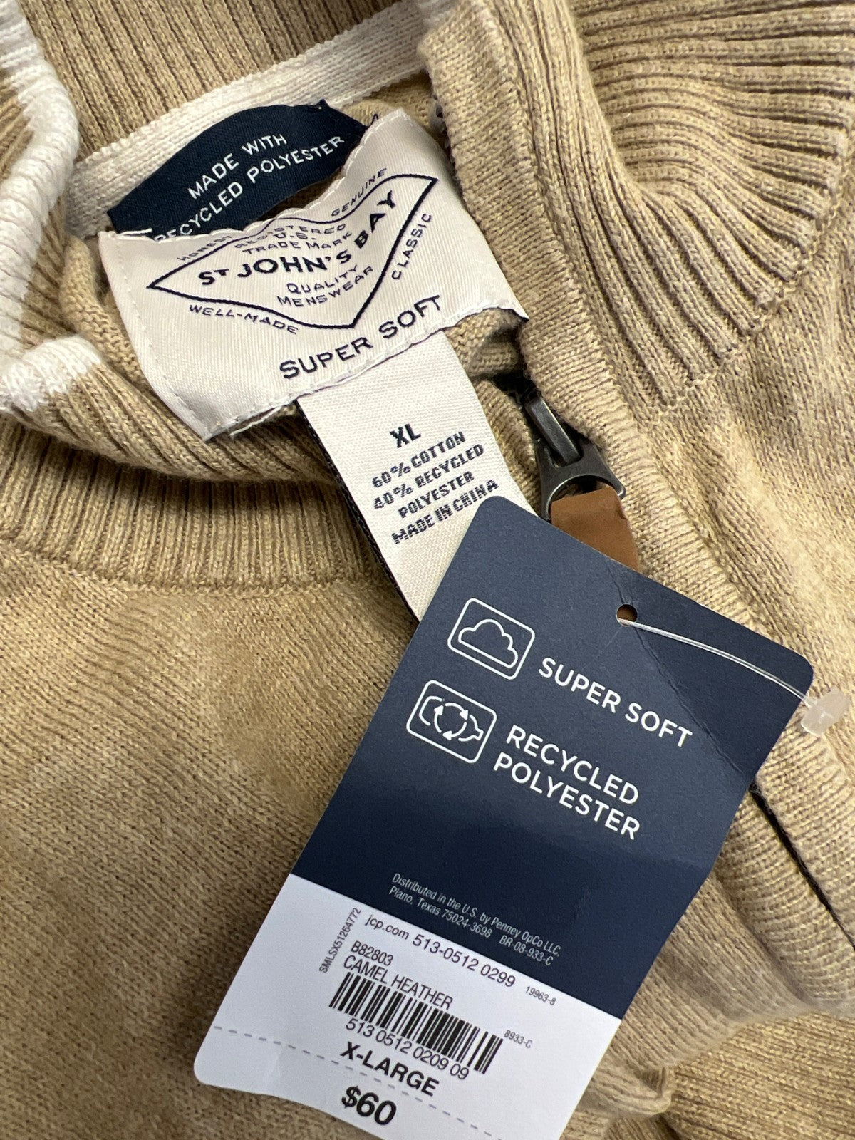 St.Johns Bay Men’s Beige Carmel Super Soft 1/4 Zip Pullover Sweater - XL