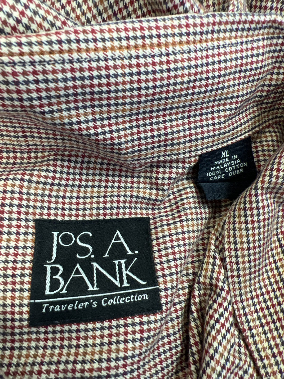 Jos A Bank Men’s Brown/Red Mini Houndstooth Long Sleeve Button Up Shirt - XL