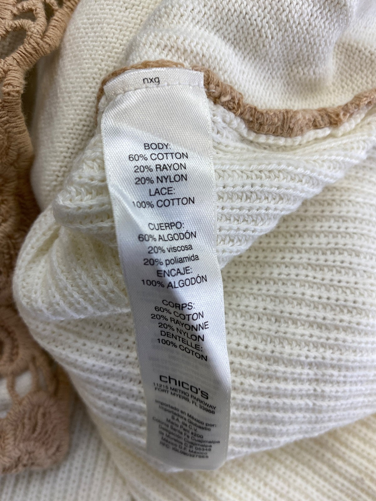 Chico’s Women’s Ivory/Beige Lace Front Christina Pullover Sweater - 1/US M