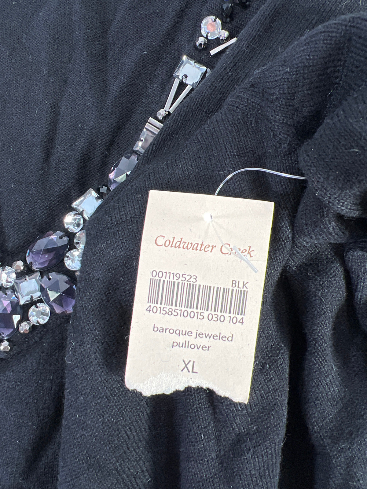 NEW Coldwater Creek Women’s Black Jeweled Neck 3/4 Sleeve Sweater - XL