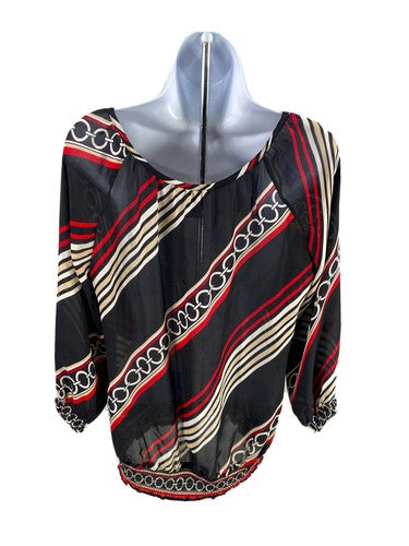 White House Black Market Women's Black Silk Sheer 3/4 Sleeve Blouse - S image 2