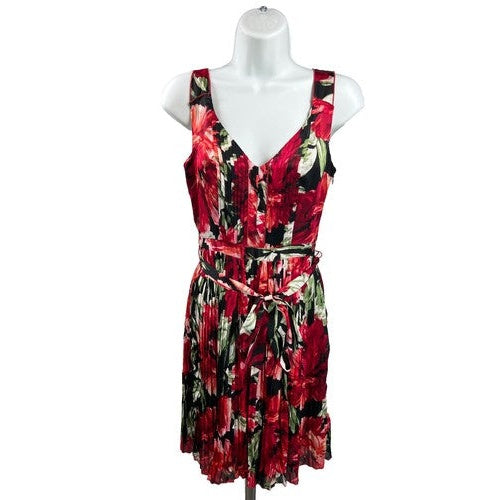 White House Black Market Women's Red Floral Tie Front Pleated Dress - 00