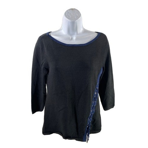 White House Black Market Women's Black Lace Up Hem Pullover Sweater - S