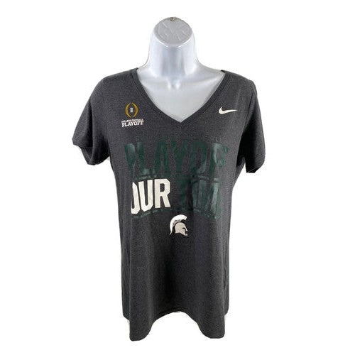 Nike Women's Gray MSU College Playoffs V-Neck Athletic Cut T-Shirt - L