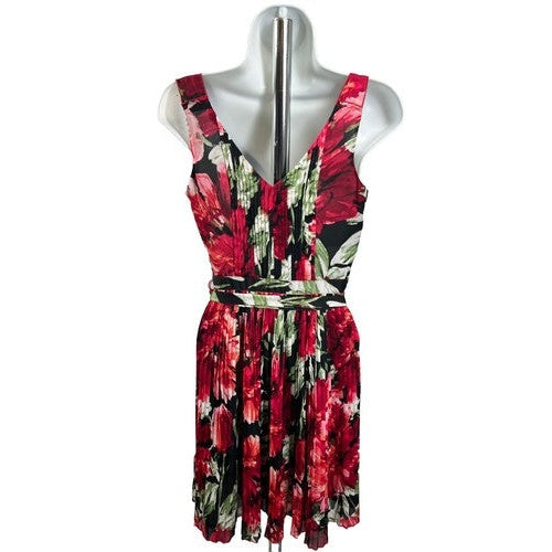 White House Black Market Women's Red Floral Tie Front Pleated Dress - 00 image 2