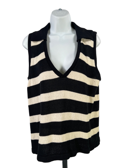 Pomander Place Women's Black/White Striped Sleeveless V-Neck Sweater - L