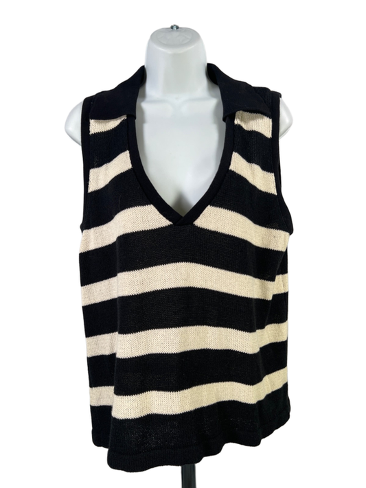 Pomander Place Women's Black/White Striped Sleeveless V-Neck Sweater - L