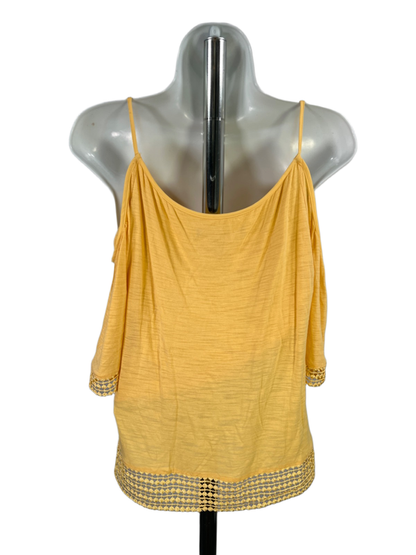 White House Black Market Women's Yellow Cold Shoulder Elbow Sleeve Blouse - M image 2