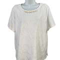 Alfred Dunner Women's White Textured Embroidered Beaded Short Sleeve Shirt - M