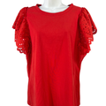 White House Black Market Women's Red Flutter Eyelet Sleeve Blouse - L