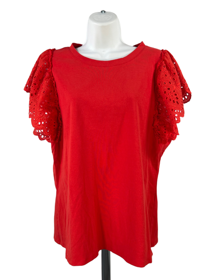 White House Black Market Women's Red Flutter Eyelet Sleeve Blouse - L