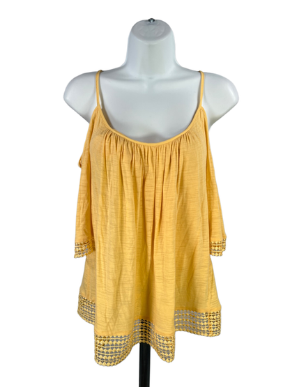 White House Black Market Women's Yellow Cold Shoulder Elbow Sleeve Blouse - M
