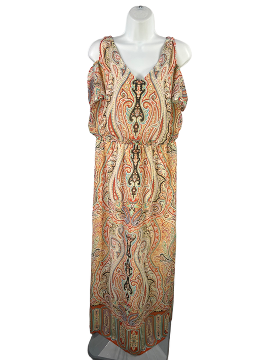 Chico's Women's Orange V-Neck Short Cold Shoulder Sleeve Maxi Dress - 1/US M