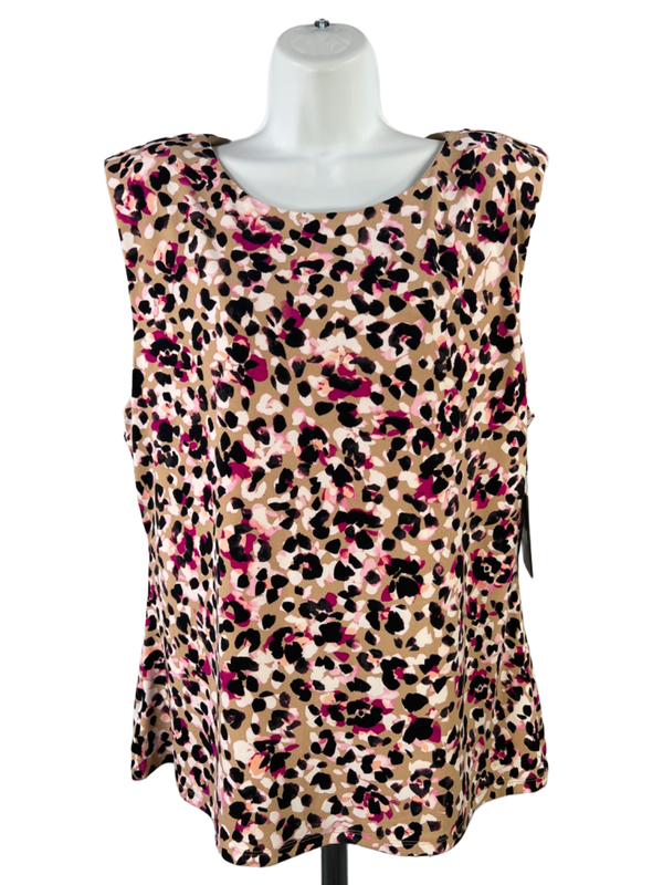 DKNY Women's Brown/Pink Leopard Print Shoulder Padded Sleeveless Blouse - XL