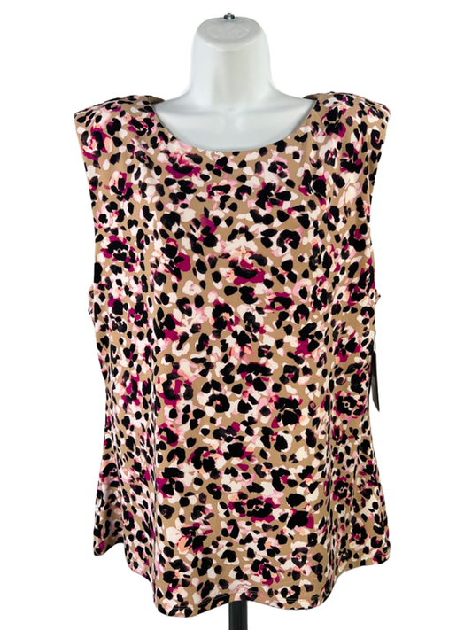 DKNY Women's Brown/Pink Leopard Print Shoulder Padded Sleeveless Blouse - XL