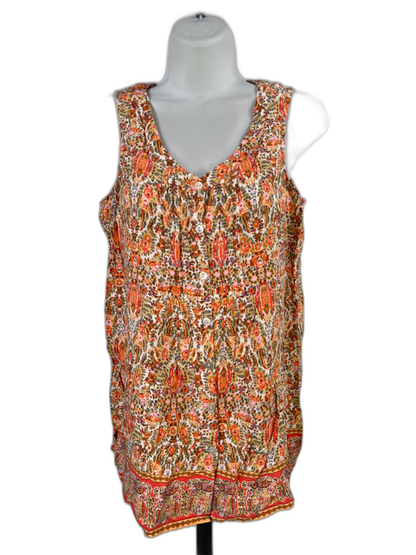 J Jill Women's Orange/Green Printed Button Up Sleeveless Blouse - XS