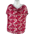 Adrienne Vittadini Women's Pink Floral Cap Sleeve Draped Neck Blouse - L