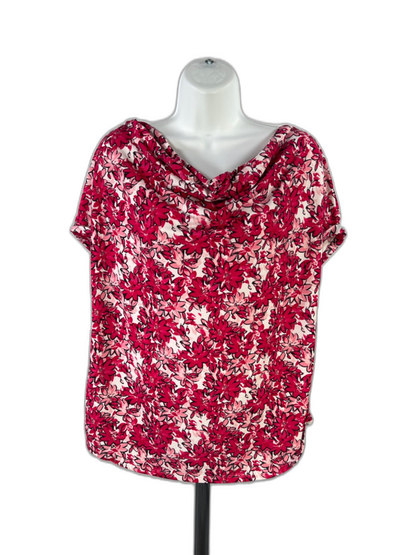 Adrienne Vittadini Women's Pink Floral Cap Sleeve Draped Neck Blouse - L