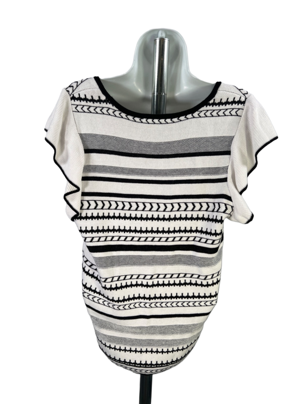 White House Black Market Women's White/Black Ruffle Sleeve Sweater - L image 2