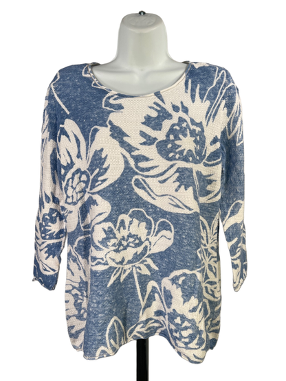Chico's Women's Blue/White Floral 3/4 Sleeve Cotton Shirt - 0/US S
