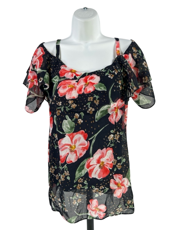 Cabi Women's Blue Floral Cold Shoulder Ruffle Trim Blouse - XS