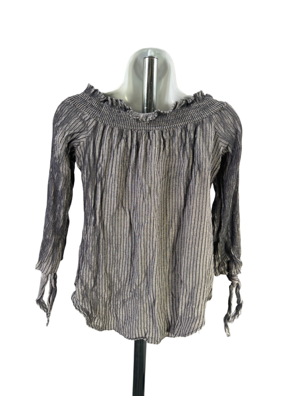 Michael Kors Women's Blue Metallic Striped Smocked Neck 3/4 Sleeve Blouse - M image 2