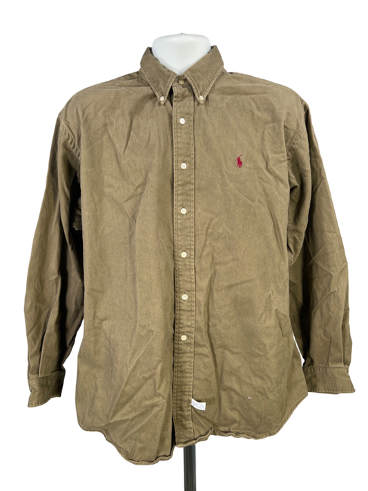 Ralph Lauren Men's Green Twill Long Sleeve Button Up Shirt - L