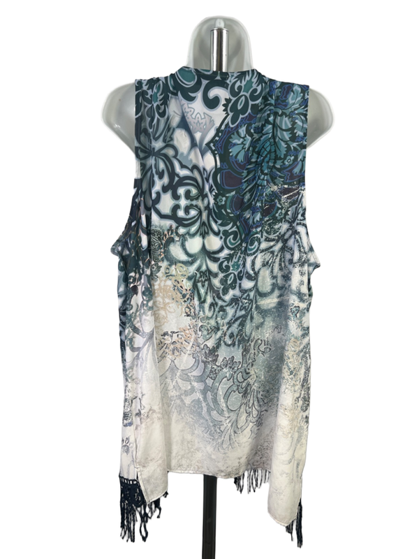 CJ Banks Women's Blue/White Sleeveless Fringe Hem Open Front Long Shirt- 2X Plus image 2