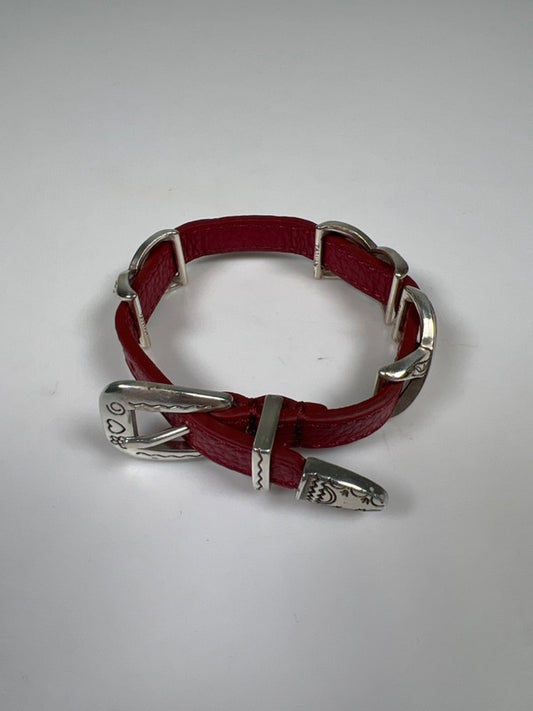 Brighton Women's Red Leather Kriss Kross Etched Bandit 9in Bracelet