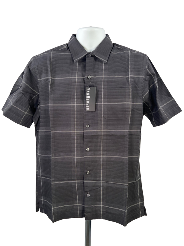 Van Heusen Men's Black Plaid Short Sleeve Button Up Shirt - M