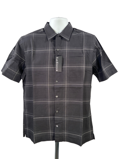 Van Heusen Men's Black Plaid Short Sleeve Button Up Shirt - M
