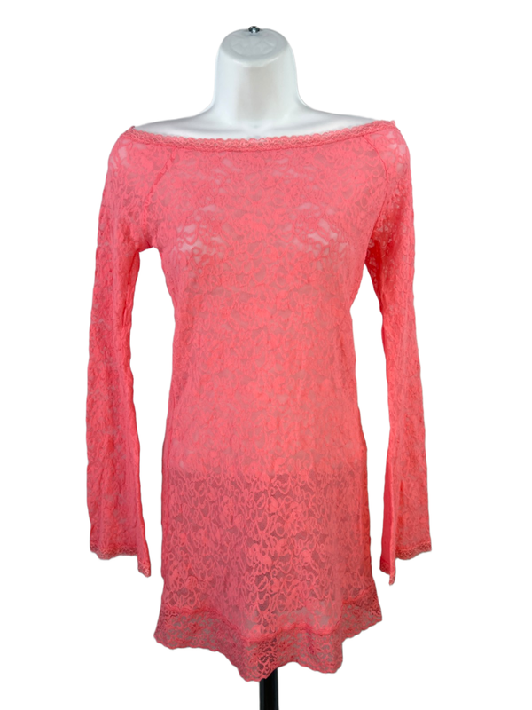 Victoria's Secret Women's Pink Lace Mesh Long Bell Sleeve Mini Night Dress - M