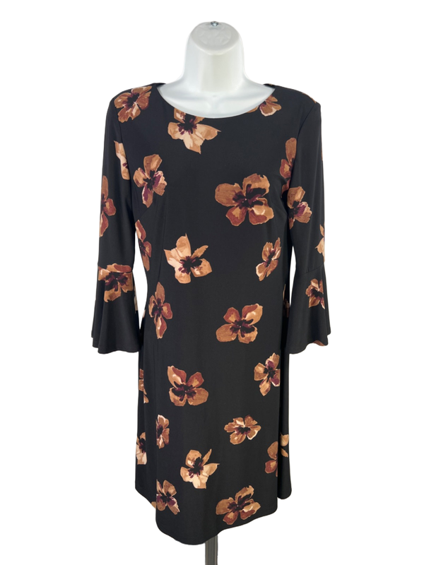 Tommy Hilfiger Women's Black/Brown Floral Elbow Bell Sleeve Mini Dress - 2