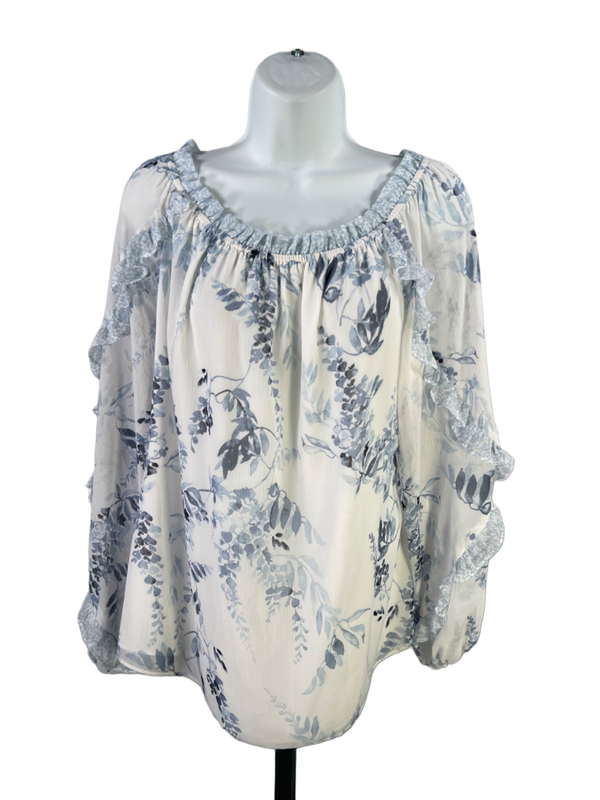 White House Black Market Women's Blue/White Floral Long Sleeve Blouse - L