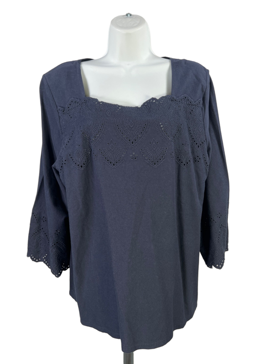 J. Jill Women's Navy Blue 3/4 Sleeve Eylet Box Neck Shirt - L