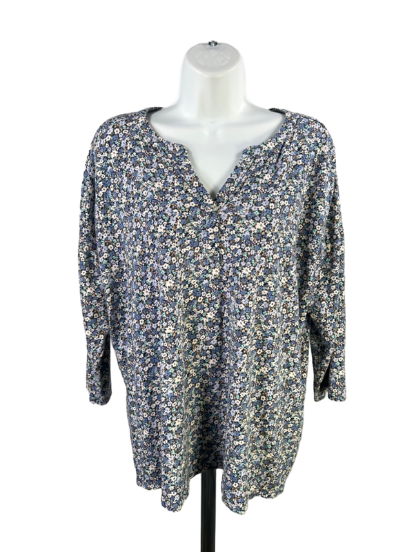 J Jill Women's Blue Floral V Neck 3/4 Sleeve Shirt - M